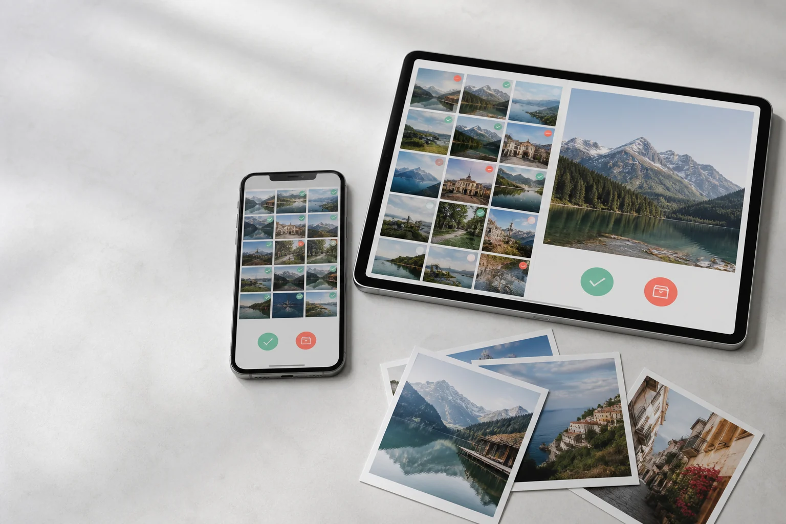 A phone and tablet displaying a photo review workspace beside printed travel photographs